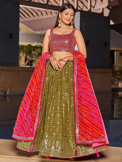 Marvelous Olive Green Sequins Georgette Sangeet Wear Lehenga Choli